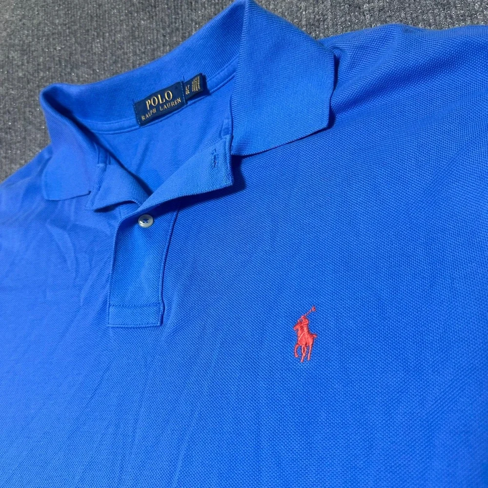 Polo Ralph Lauren Mens Blue Short Sleeve Polo Shirt Large Tall LT Orange Pony